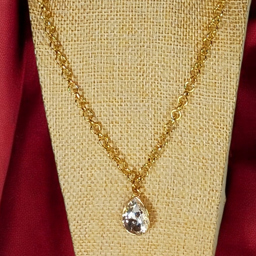 Gold Rolo Chain Necklace with Tear Drop Charm Iced Out Bling Mobwife Hip Hop 80s